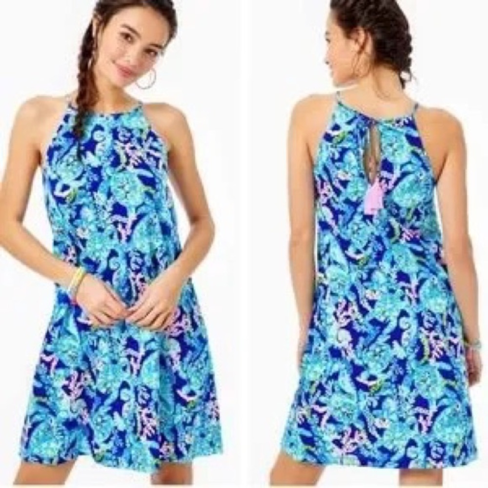 Lilly Pulitzer Margot Swing Dress Corsica Blue Turtle Villa Halter Tassels Pink